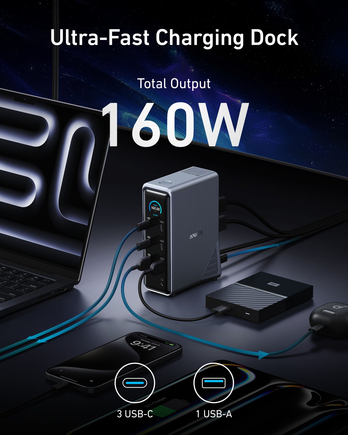 Anker Prime 14合1 雙顯示屏 160W 擴展基座